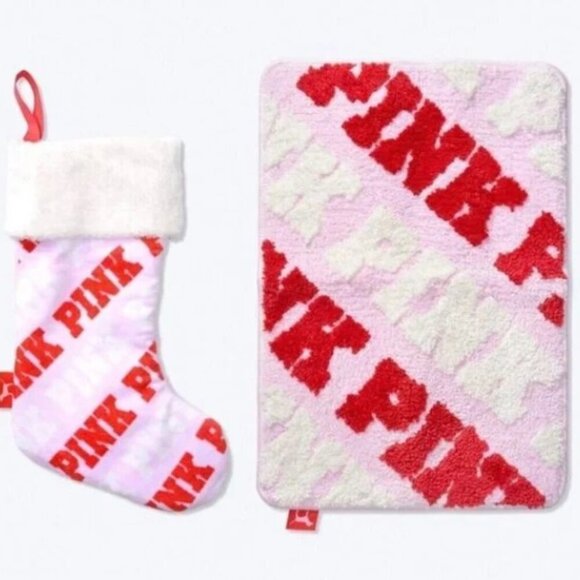 PINK VICTORIA'S SECRET LOGO BATH MAT STOCKING SET HOLIDAY CHRISTMAS